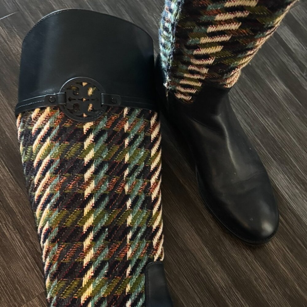 TORY BURCH MILLER BRIGHT NAVY GREEN DOGTOOTH TWEED LEATHER REVA RIDING BOOTS